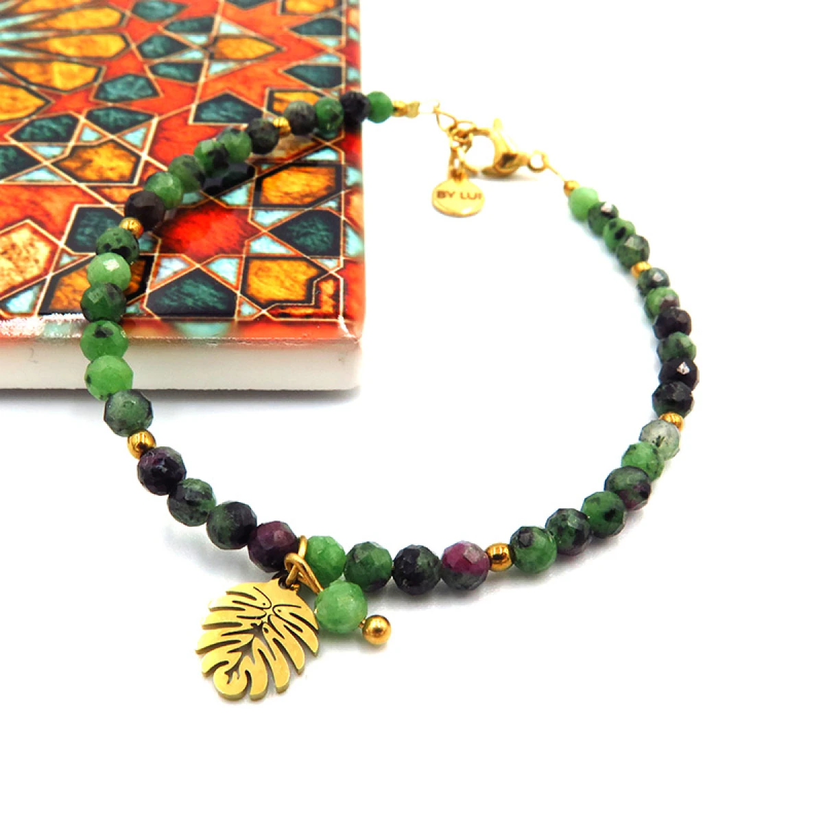 Zielona Bransoletka z Listkiem  Monstera & Zoisyt z Rubinem FOREST KISS